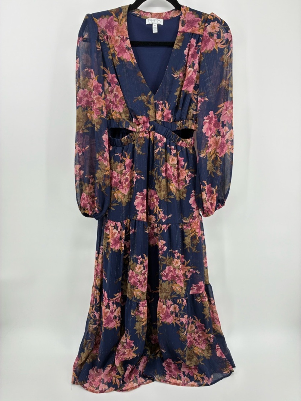 Sofia Jeans by Sofia Vergara Cutout Metallic Floral Long Sleeve Maxi Dress